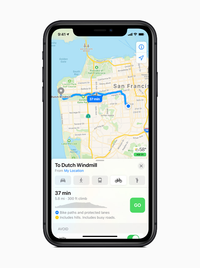 Ruta para andar en bicicleta en la app Mapas de iOS 14.