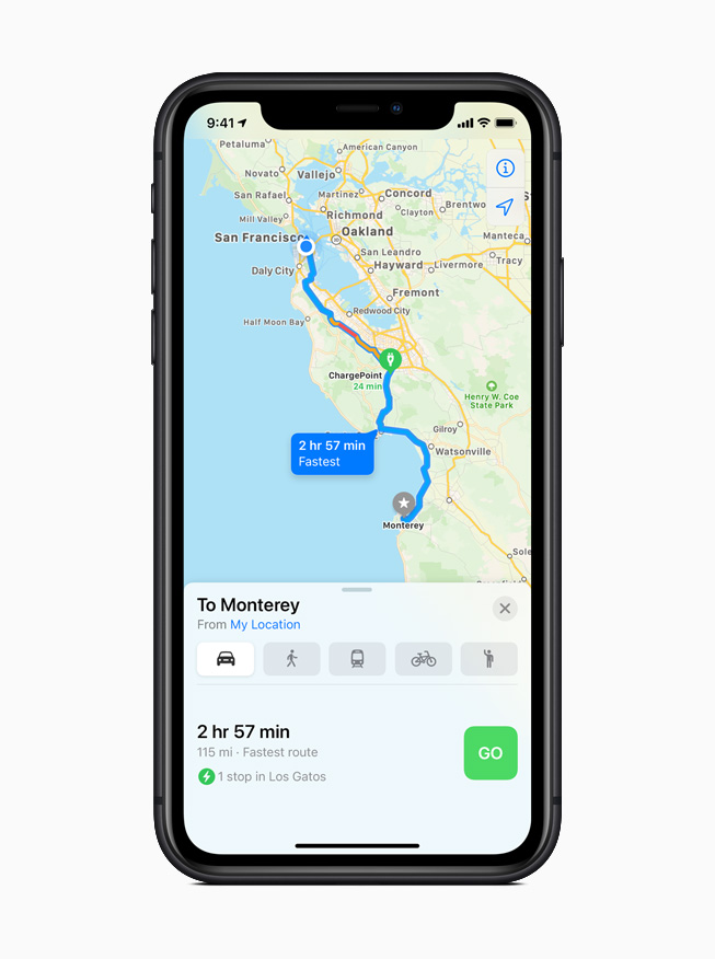 An electric vehicle route in the Maps app in iOS 14.