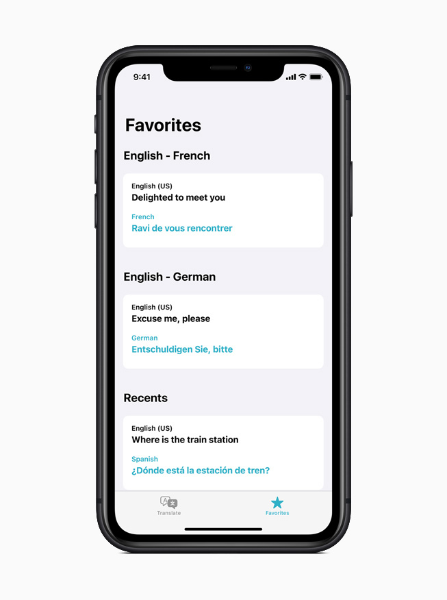 Translation in iOS 14 displayed on iPhone 11 Pro.