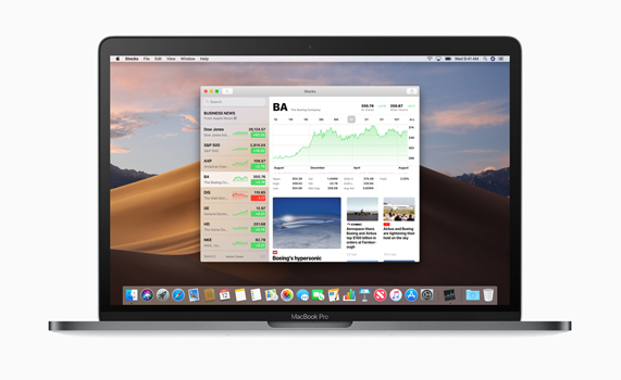 MacBook Pro 桌面上的「股市」app。