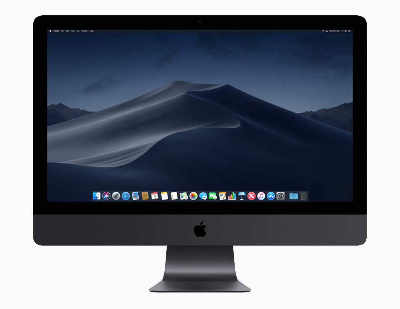 iMac Pro แสดงเดสก์ท็อปแบบไดนามิกตอนกลางคืน พร้อมเวลาท้องถิ่น และ Dock