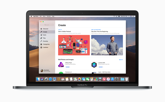 MacBook Pro 桌面上顯示全新  Mac App Store 的「創作」頁面。
