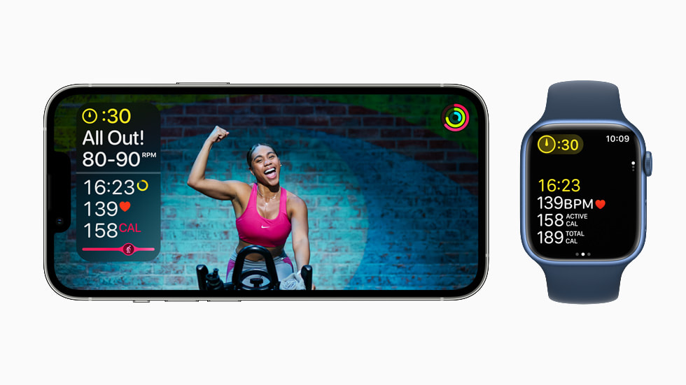 Intensity for a Cycling workout is displayed on iPhone 13 Pro and Apple Watch Series 7.