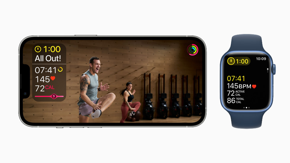 Intensity for a HIIT workout is displayed on iPhone 13 Pro and Apple Watch Series 7.