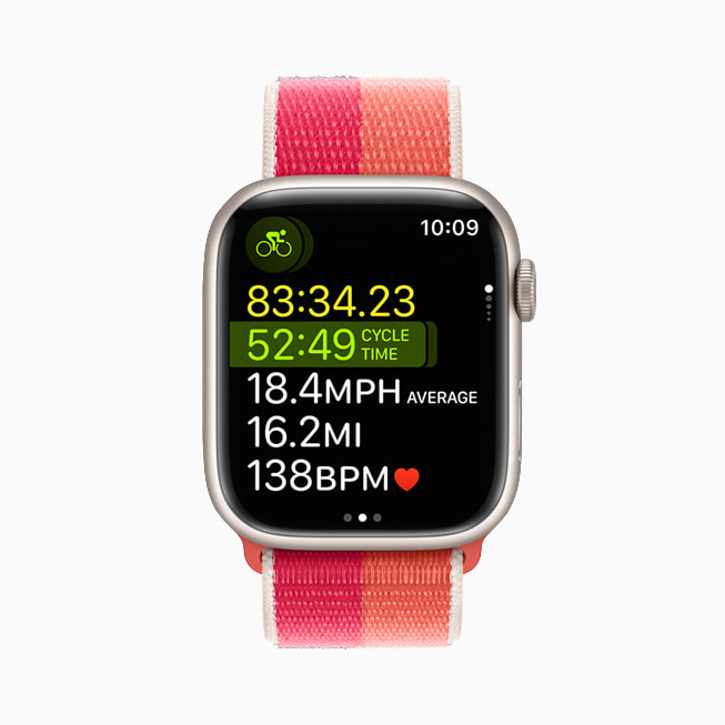 Apple Watch Series 7 displays a biking workout in the new Multisport workout type.