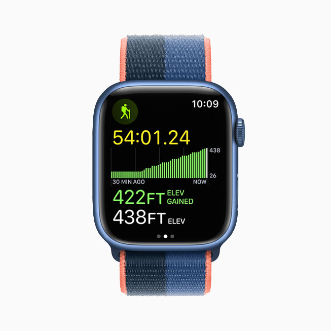 Apple Watch Series 7 displays hiking elevation.