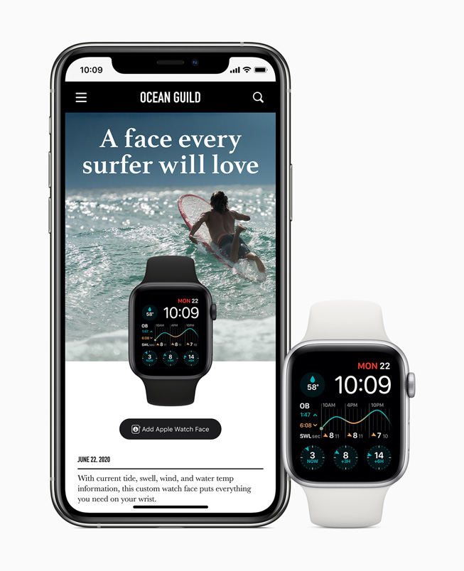 サーフィン用にカスタマイズされた文字盤が、iPhone 11 Proで共有され、Apple Watch Series 5で表示されている様子。
