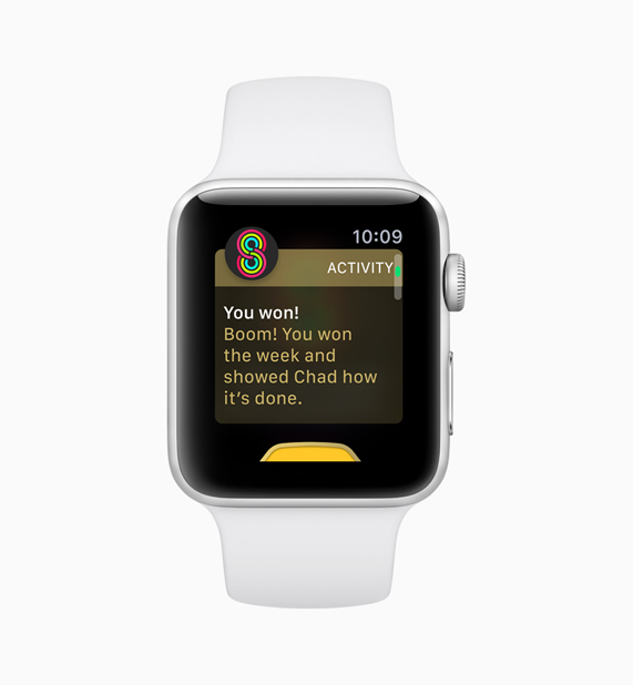 An Apple Watch displaying the screen from a user winning an activity Sharing competition