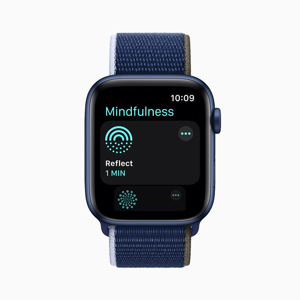A Reflect session from the Mindfulness app, the Portraits watch face, and a digital house key stored in the Wallet app, each of which are displayed on separate Apple Watch Series 6.