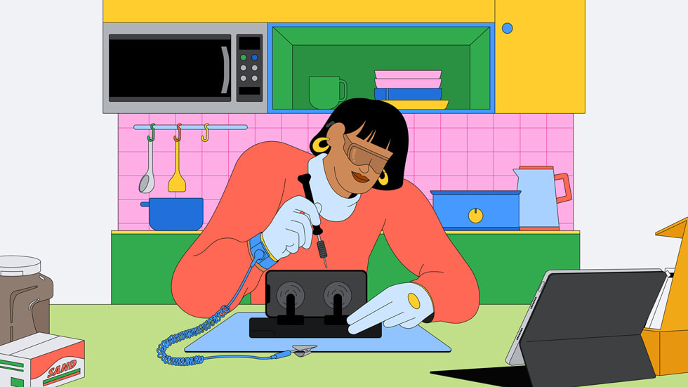 Illustration d’une femme qui répare un iPhone.