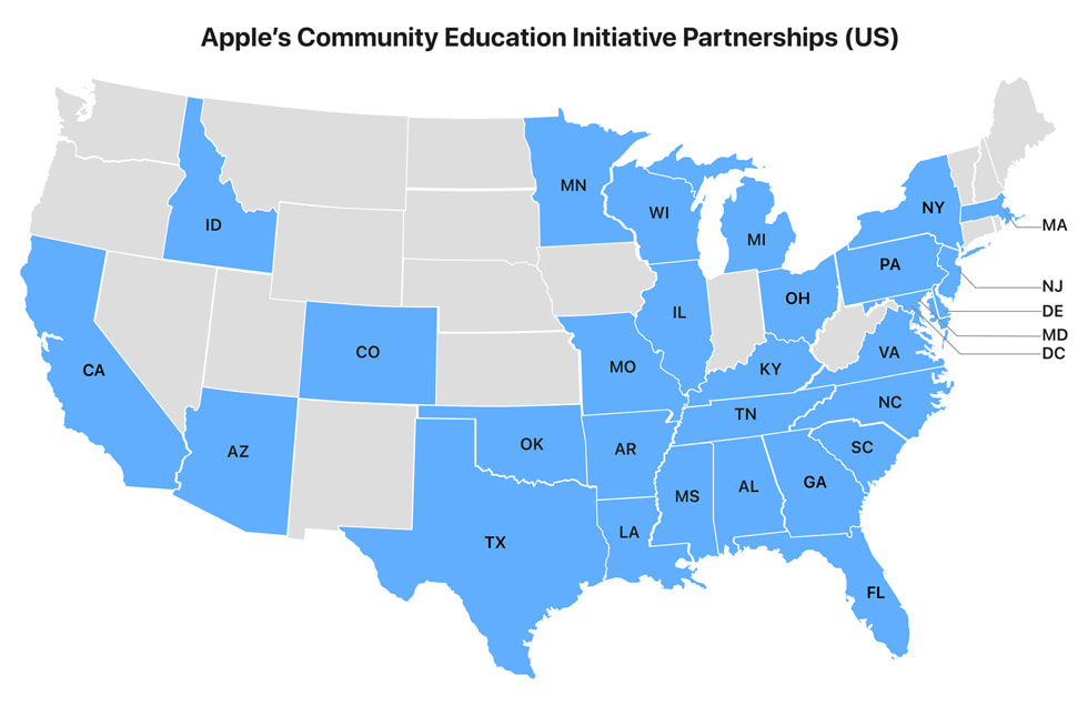 A map labeled “Apple’s Community Education Initiative Partnerships” highlights the 29 states where Apple has partners.