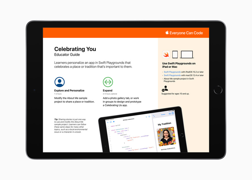 دليل المعلم "Celebrating You Educator Guide" لتطبيق Swift Playgrounds معروض على iPad.