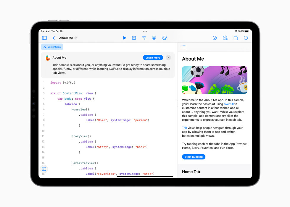 An iPad shows the SwiftUI About Me app.