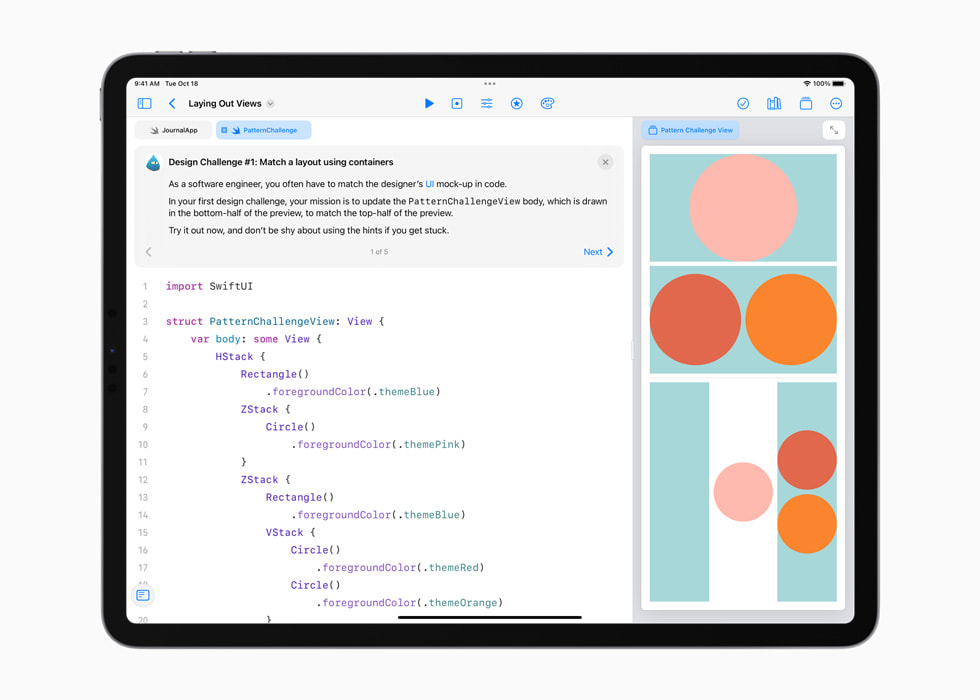 Swift Playgrounds showing how to arrange app layouts on iPad Pro.