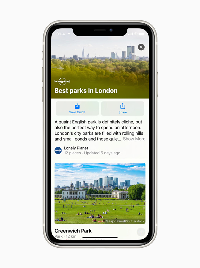The Guides feature in Apple Maps displayed on iPhone 11 Pro. 