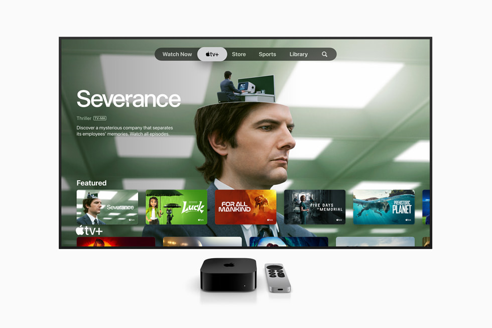 Apple TV+의 메인 메뉴에서 '세브란스: 단절'의 스틸 이미지를 보여주는 Apple TV 4K.