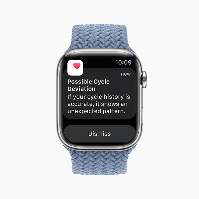 Apple Watch Series 8 in stainless steel silver displaying a “Possible Cycle Deviation” notification. 