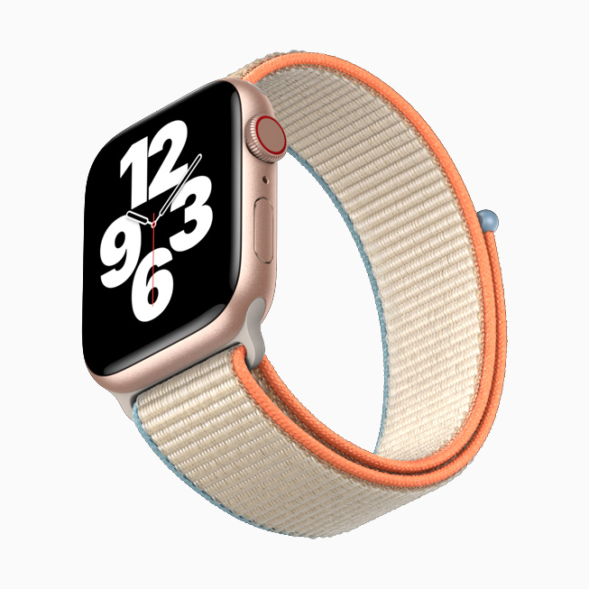 Apple Watch SE con cassa in alluminio color oro rosa e cinturino Sport Loop.