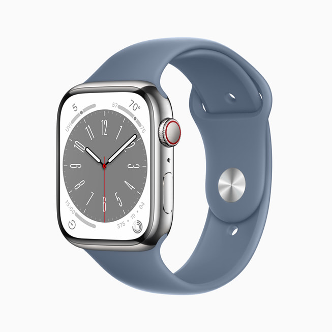 The new Apple Watch Series 8 in silver stainless steel.