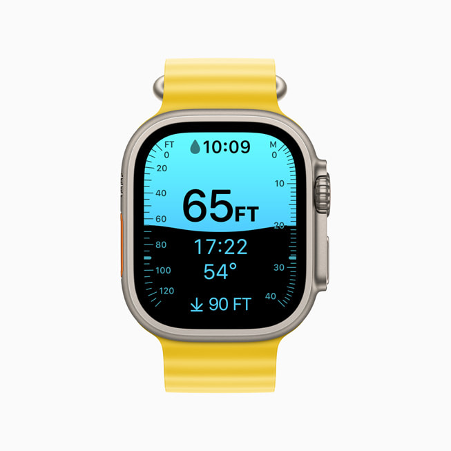 Se muestra el Apple Watch Ultra con la app Profundidad.