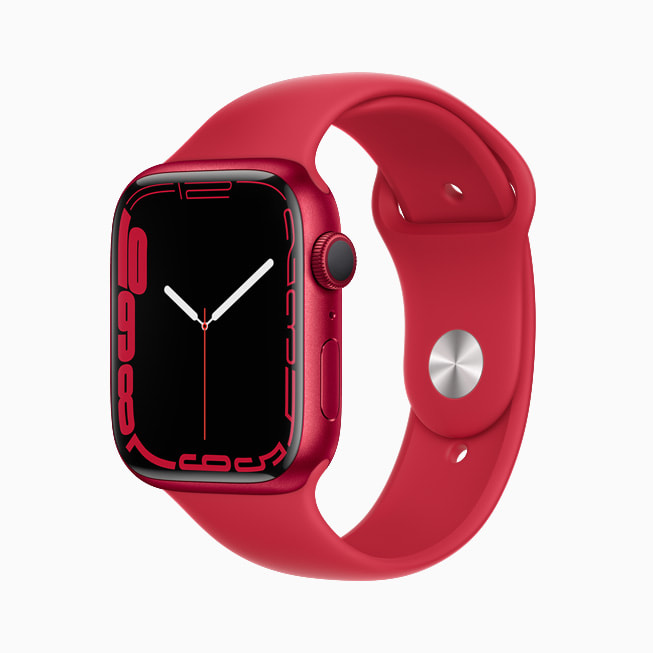 Das Contour Zifferblatt auf einer Apple Watch Series 7 mit Aluminiumgehäuse in PRODUCT(RED).
