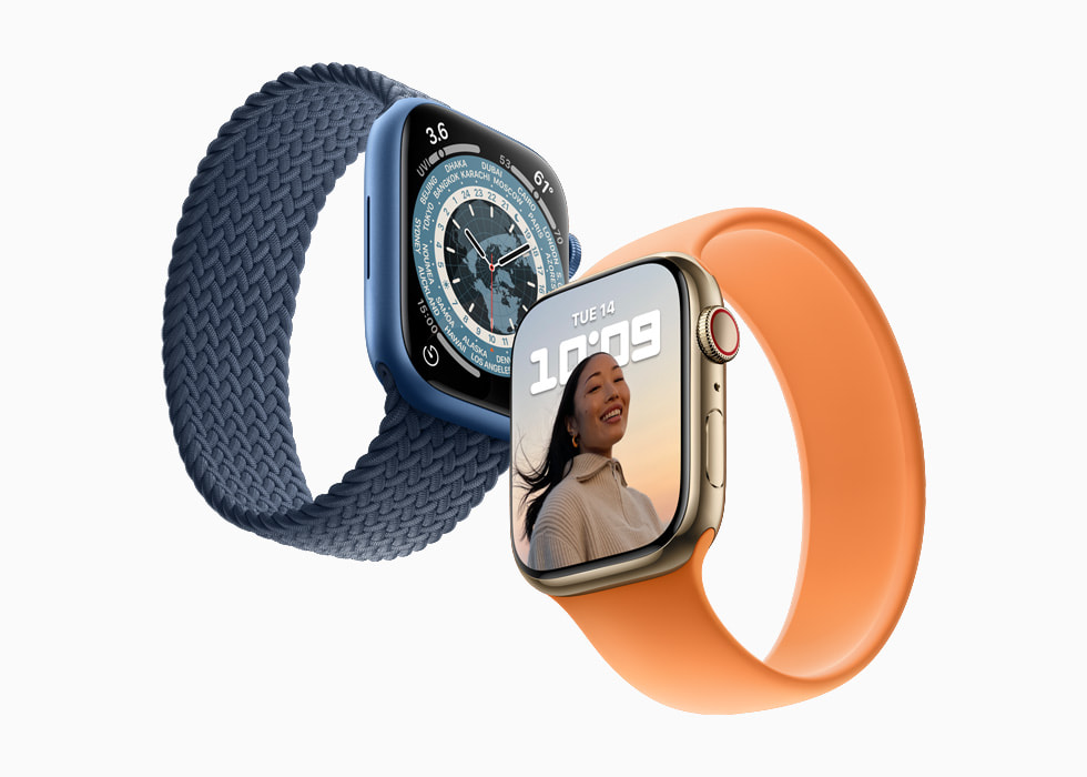 Se muestra un Apple Watch Series 7 con dos colores de correa diferefntes.