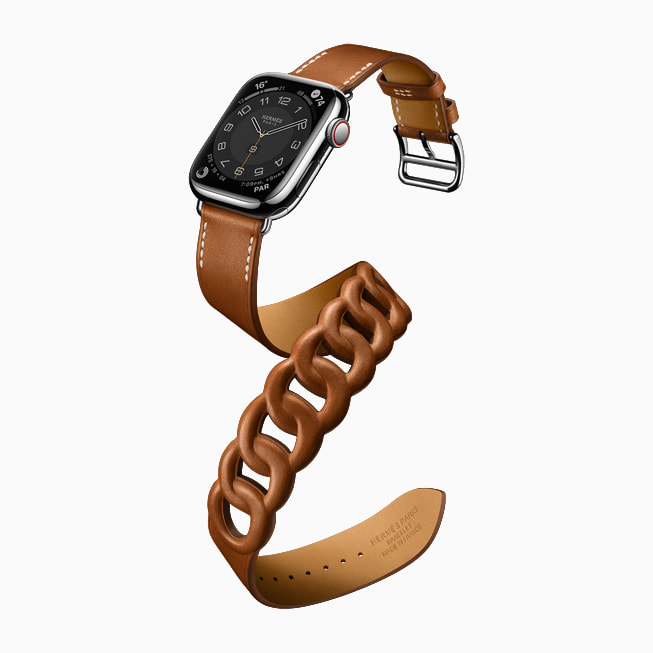 Apple Watch Series 7 is shown in the Hermès Gourmette Double Tour style.