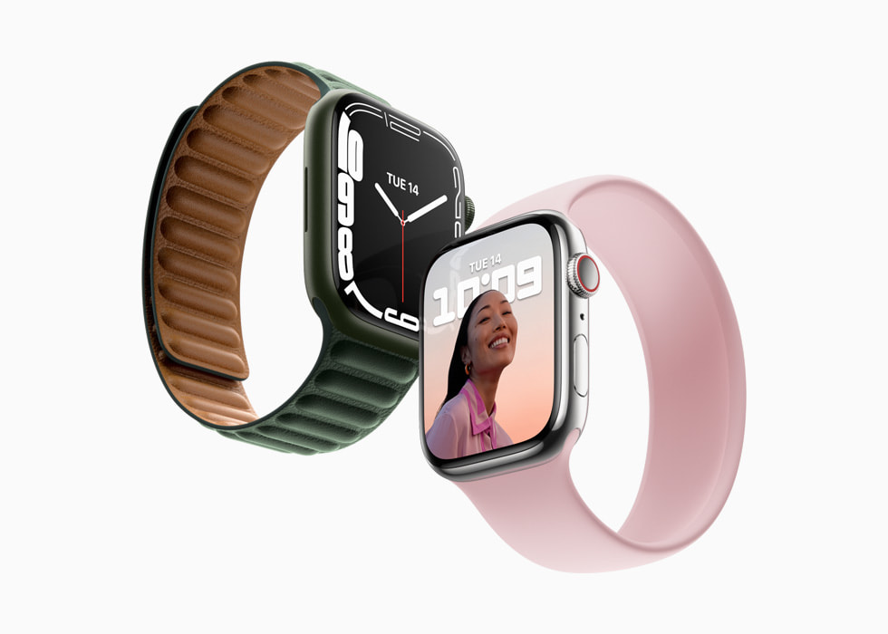 Apple Watch Series 7 shown with two different watch bands.