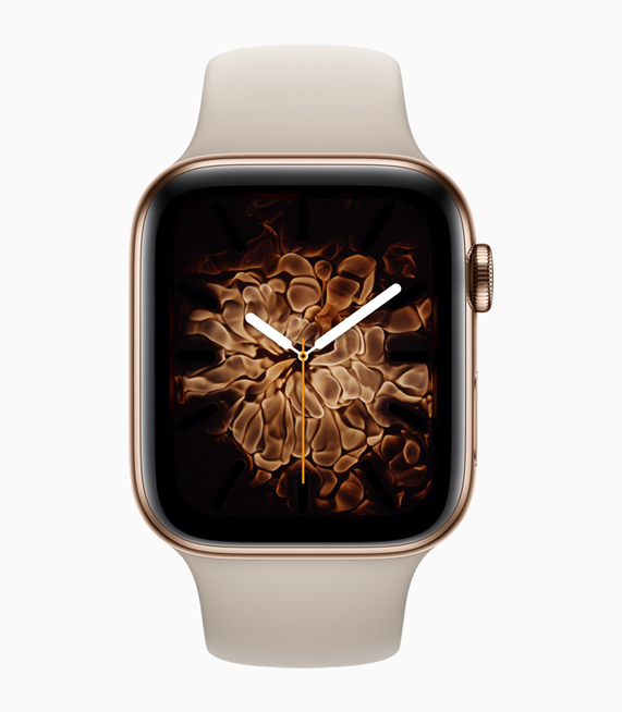 The new gold stainless steel case, displaying the Fire watch face.