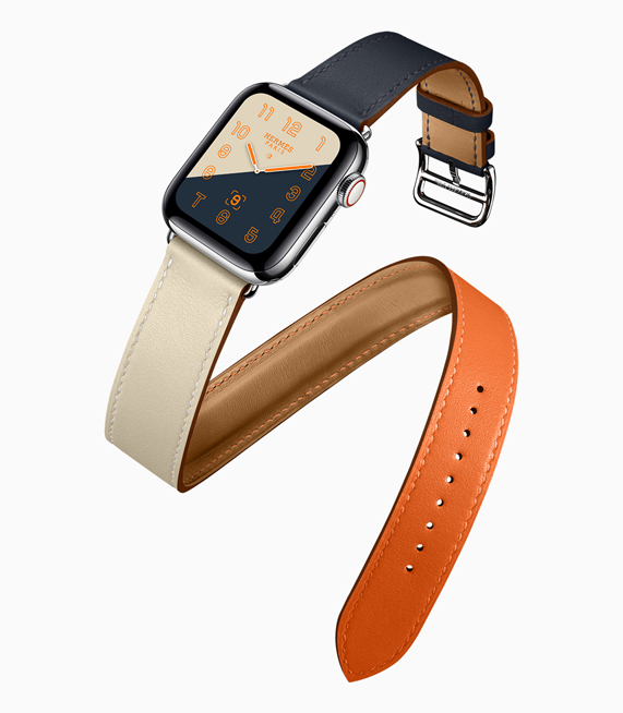 A profile shot of the new Apple Watch Hermès, featuring the colour-blocked watch face and band. 
