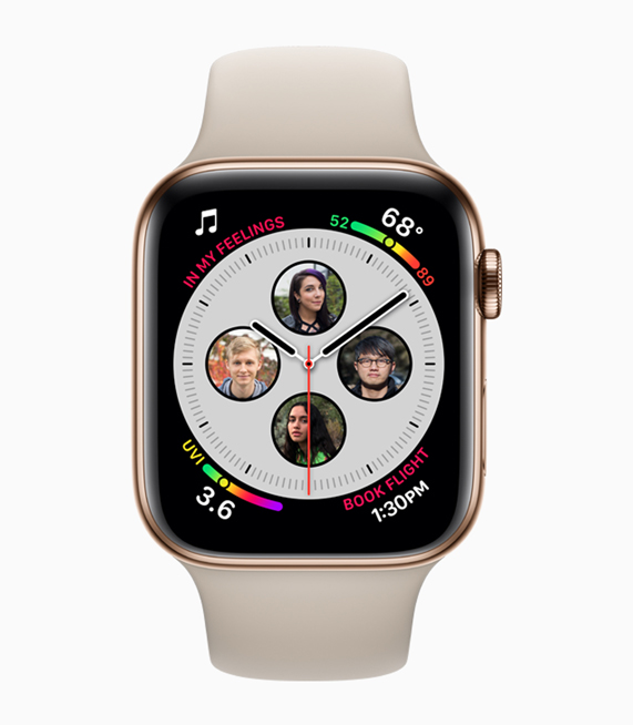 Foto de las complicaciones mejoradas, incluyendo contactos, en Apple Watch Series 4. 