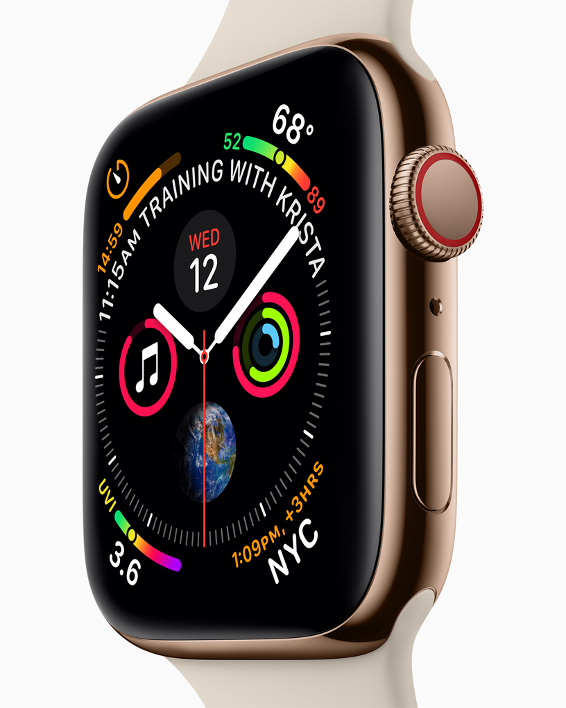 A close-up of the Apple Watch Series 4 watch face and the new Digital Crown.
