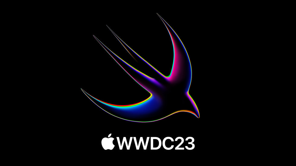 黒の背景にSwiftのロゴが配置され、その下にWWDC23と表示されている画像