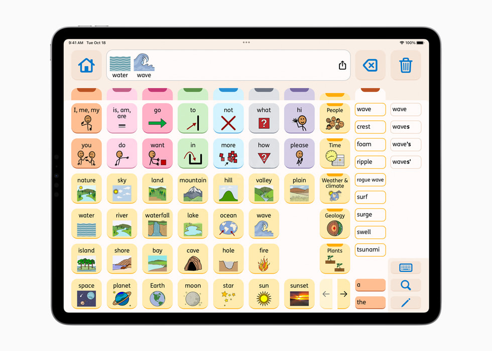 iPadに表示されたProloquoアプリケーションのインターフェイス。