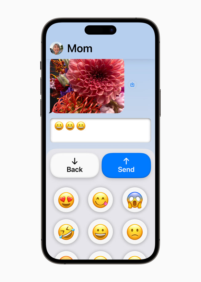 De gedestileerde Berichten-app met emoji-toetsenbord op iPhone 14 Pro Max.
