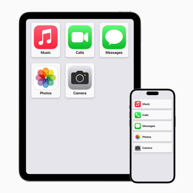 Het nieuwe gestroomlijnde beginscherm op iPad en iPhone waarbij de features van Assistive Access zijn ingeschakeld.