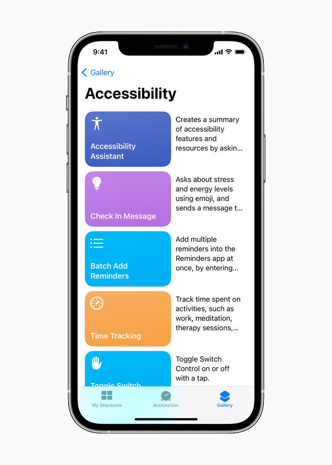 Accessibility Assistant in Siri Shortcuts displayed on iPhone 12 Pro.
