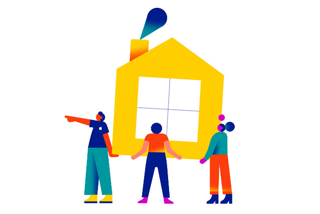 Tres figuras levantan una casa, ilustrando el concepto de asistencia para la vivienda.