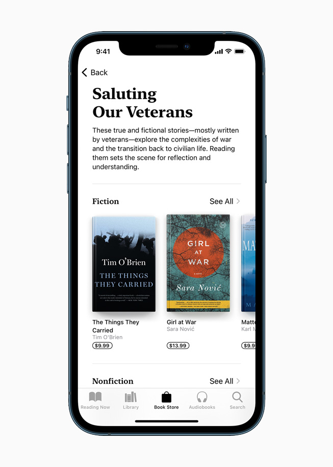 Saluting Our Veterans Apple Books collection displayed on iPhone 12 Pro. 
