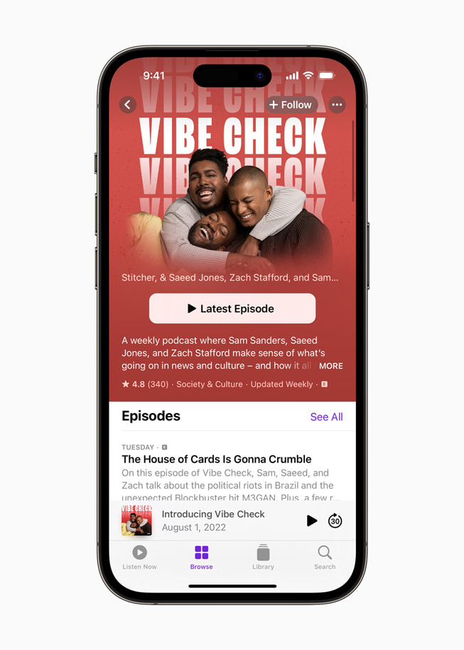 The <em>Vibe Check</em> podcast is shown in Apple Podcasts.