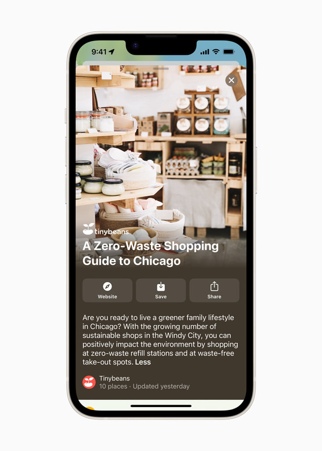 Um novo guia de Tinybeans chamado “A Zero-Waste Guide to Chicago” é mostrado no Mapas da Apple.