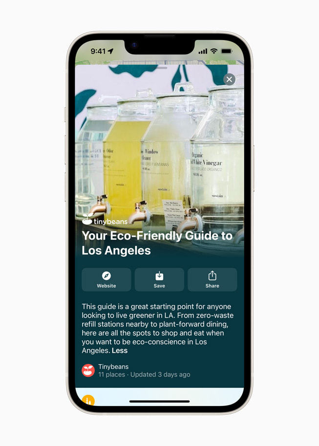 Ein neuer, von Tinybeans kuratierter Guide mit dem Titel „Your Eco-Friendly Guide to Los Angeles“ in Apple Karten.
