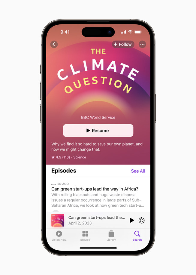 La pagina di Apple Podcasts “The Climate Question” con l’episodio più recente, “Can Green Start-Ups Lead the Way in Africa?”.