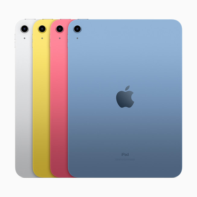 L’iPad (10ᵉ génération) dans les coloris argent, jaune, rose et bleu.