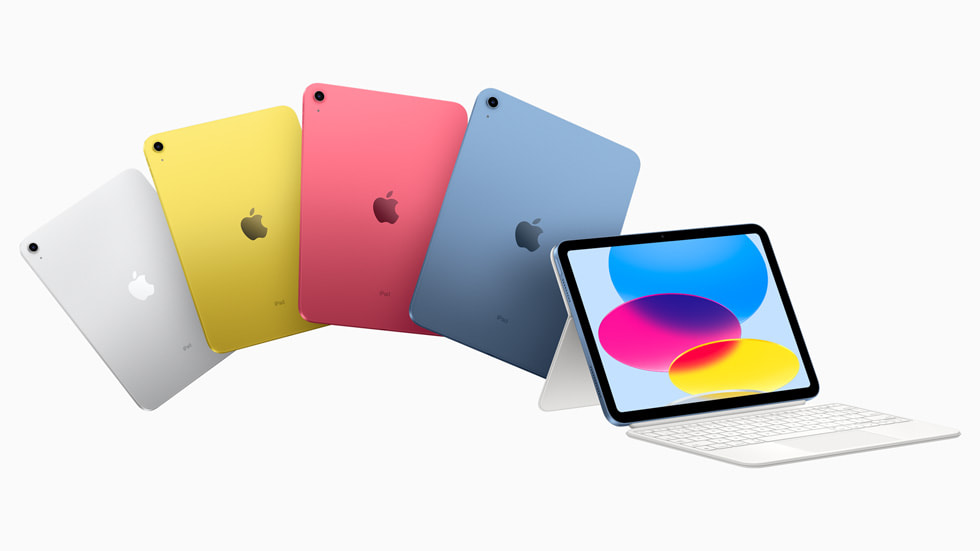 Ilustracja przedstawiająca iPada (10. generacji) w kolorze srebrnym, żółtym, różowym i niebieskim.