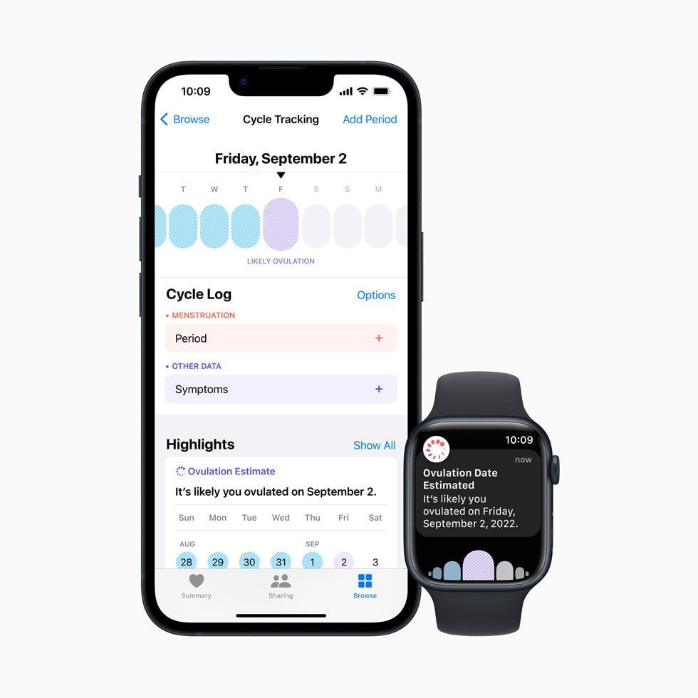 iPhone’da Döngü İzleme kaydı ve Apple Watch Series 8’de tahmini yumurtlama dönemi gösteriliyor. 