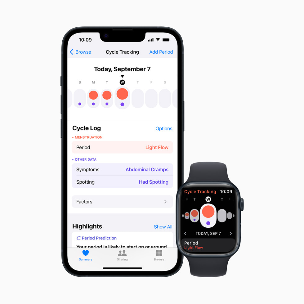 Des données consignées dans Suivi du cycle s’affichent à l’écran d’iPhone et d’Apple Watch. 