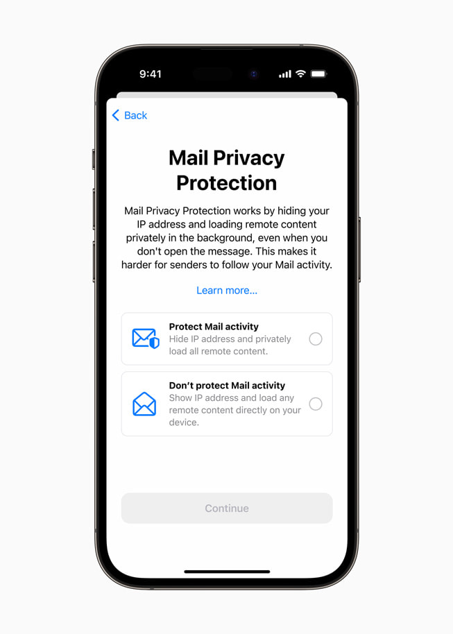 Mail Privacy Protection controls on iPhone 14 Pro.