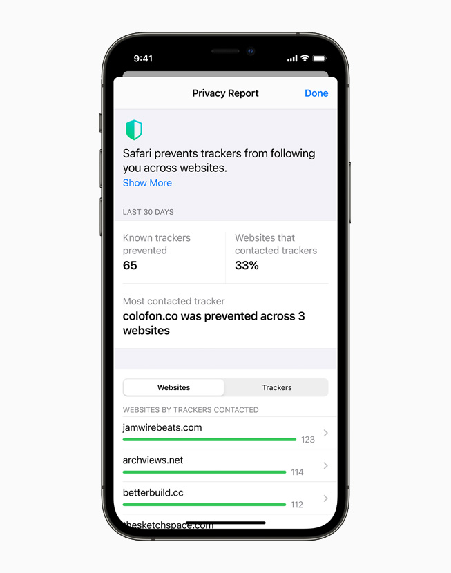 Safari Privacy Report, displayed on iPhone 12 Pro.
