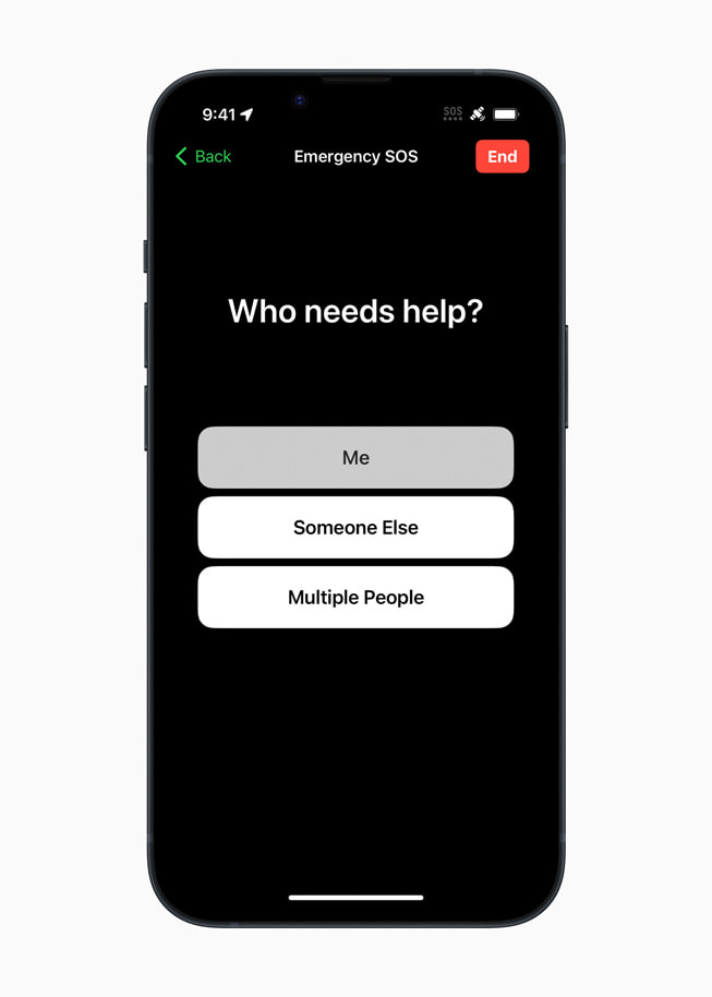 A screen from Emergency SOS via satellite on iPhone 14 Pro asks the user “Who needs help?”